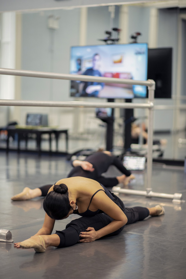 Dance students being taught virtually by Katie Langan, Professor of Dance and Chair of the Divisi...